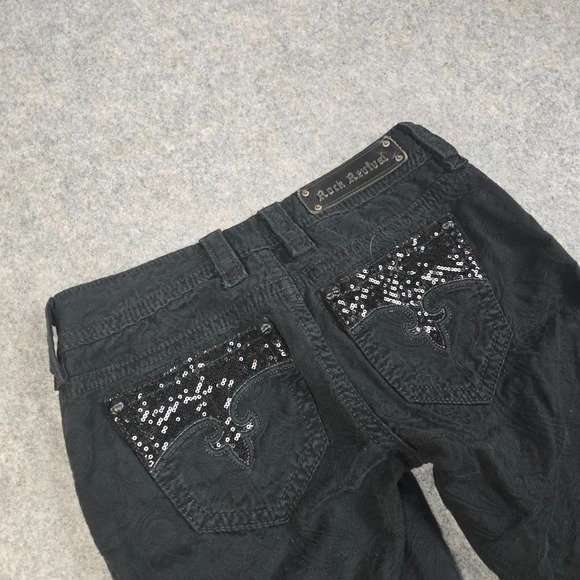 Rock Revival Denim - Rock Revival Brocade Skinny Jeans Womens 27 Black Sequin Fleur-de-lis Floral Y2K